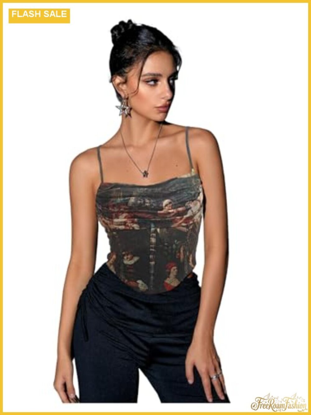 Renaissance Graphic Crop Cami Top Sleeveless Ruched Asymmetrical Hem